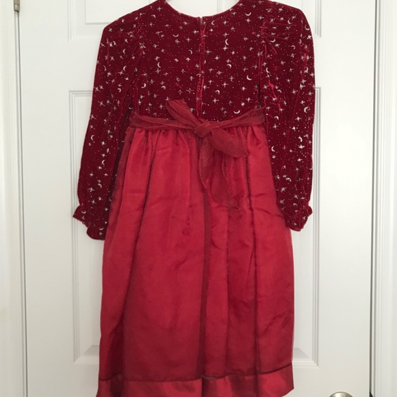 Long Sleeve Dress Girls Size 10 With Rose Bow Tie Back Red Silver Starry Night - Picture 7 of 14